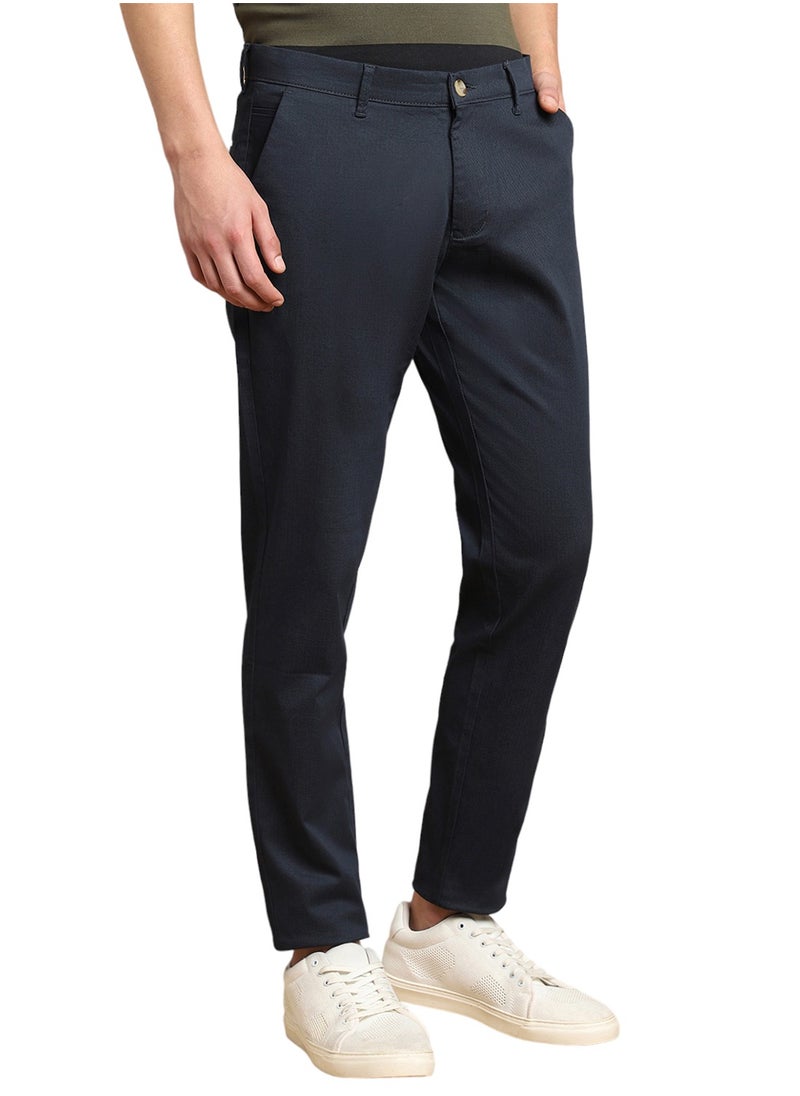 Navy Casual Trousers for Men, Slim Fit, Cotton Lycra