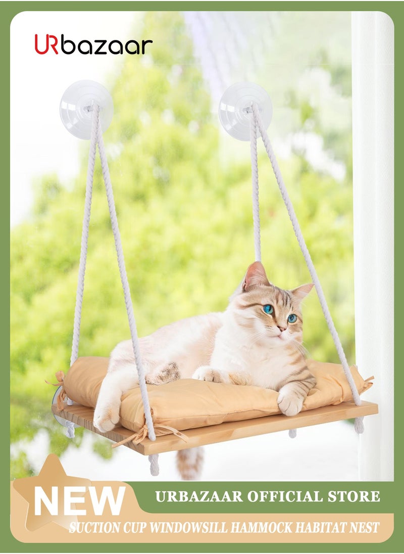 Cat Window Perch - Cat Hammock for Window - Solid Wood Seat & Strong Suction Cups - Cat Window Bed & Furniture for Cats Inside - Hanging Window Shelf for Small Medium Indoor Cats