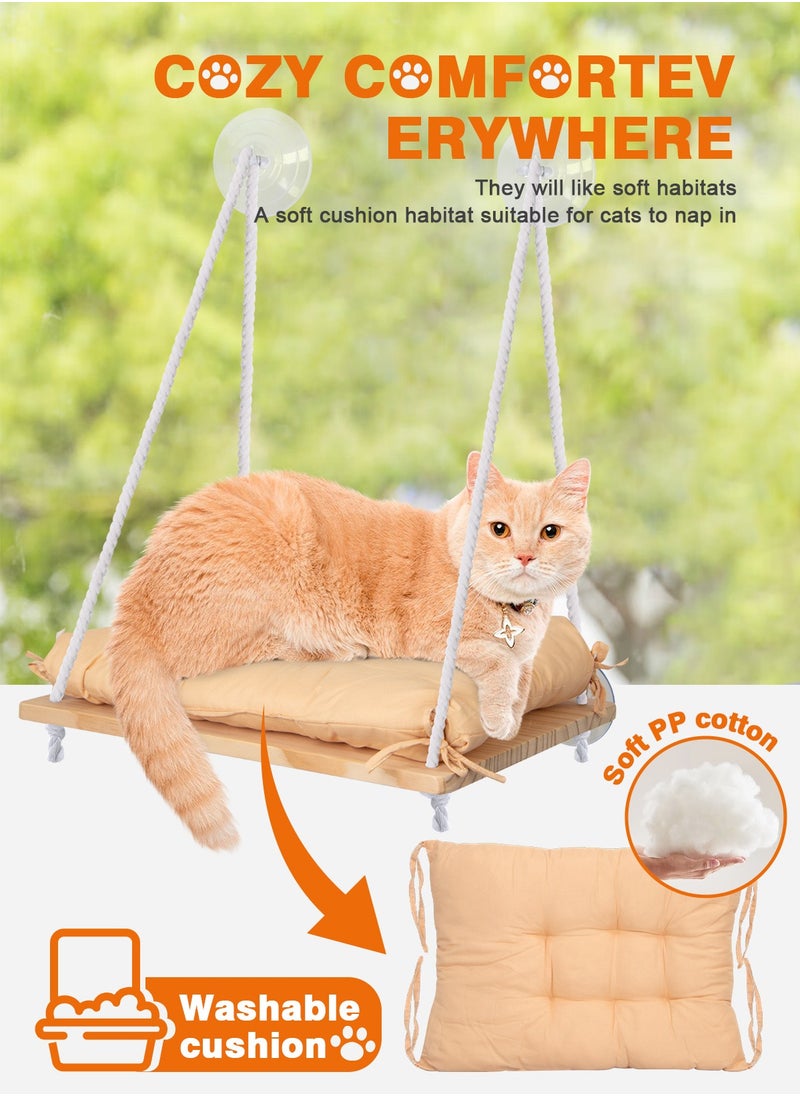 Cat Window Perch - Cat Hammock for Window - Solid Wood Seat & Strong Suction Cups - Cat Window Bed & Furniture for Cats Inside - Hanging Window Shelf for Small Medium Indoor Cats