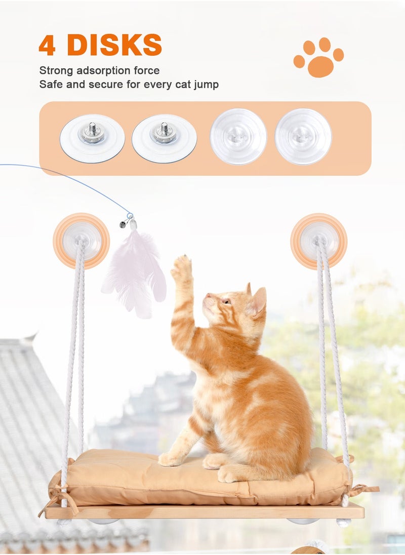 Cat Window Perch - Cat Hammock for Window - Solid Wood Seat & Strong Suction Cups - Cat Window Bed & Furniture for Cats Inside - Hanging Window Shelf for Small Medium Indoor Cats