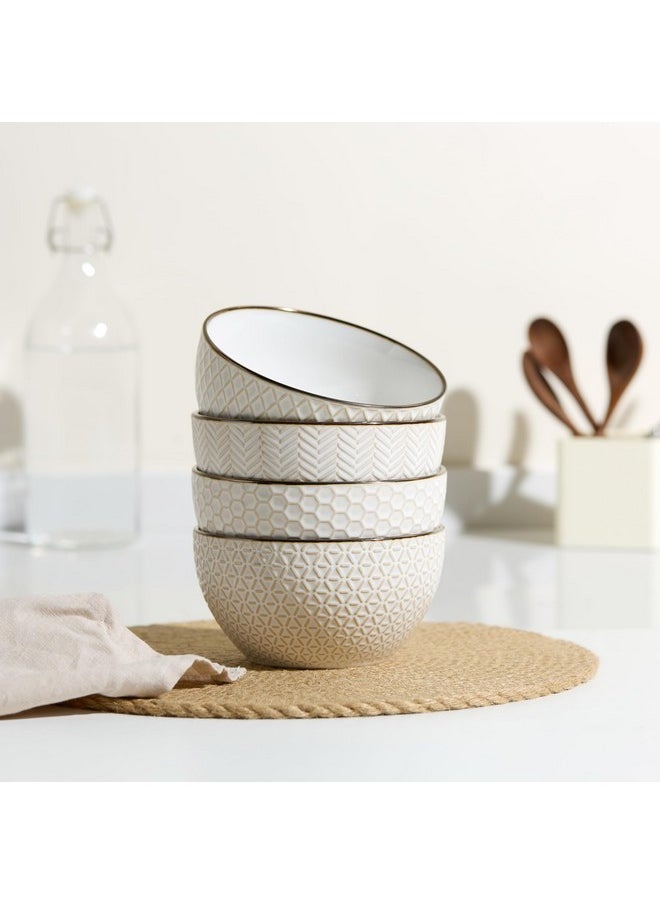 Ceramic Cereal Bowls, Embossed, For Yogurt, Dessert And Poke, Microwave & Dishwasher Safe, Cream With Dark Copper Accents, Set Of 4, 22 Oz, Narbonne Collection