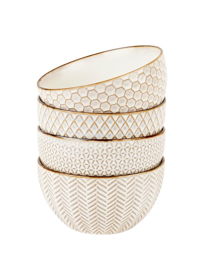 Ceramic Cereal Bowls, Embossed, For Yogurt, Dessert And Poke, Microwave & Dishwasher Safe, Cream With Dark Copper Accents, Set Of 4, 22 Oz, Narbonne Collection
