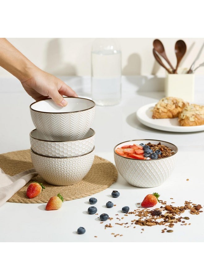 Ceramic Cereal Bowls, Embossed, For Yogurt, Dessert And Poke, Microwave & Dishwasher Safe, Cream With Dark Copper Accents, Set Of 4, 22 Oz, Narbonne Collection