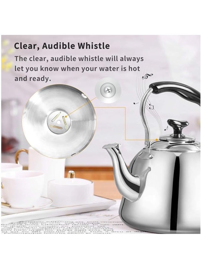 1 Piece Rustproof Premium Stainless Steel Whistling Teapot with Infuser Mirror Finish Coffee Kettle Easy Pour Spout Tea Kettle with Lid and Heat Resistive Ergonomic Handle Induction Compatible Stovetop Safe Teapot 6L