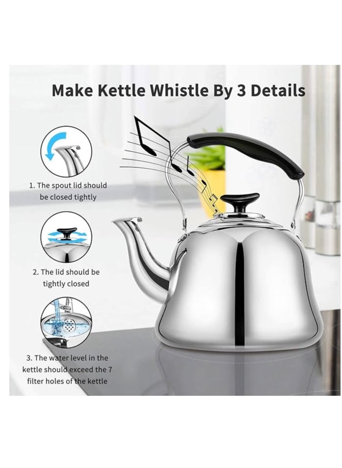 1 Piece Rustproof Premium Stainless Steel Whistling Teapot with Infuser Mirror Finish Coffee Kettle Easy Pour Spout Tea Kettle with Lid and Heat Resistive Ergonomic Handle Induction Compatible Stovetop Safe Teapot 6L