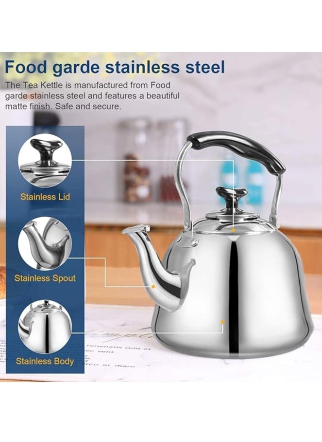 1 Piece Rustproof Premium Stainless Steel Whistling Teapot with Infuser Mirror Finish Coffee Kettle Easy Pour Spout Tea Kettle with Lid and Heat Resistive Ergonomic Handle Induction Compatible Stovetop Safe Teapot 6L