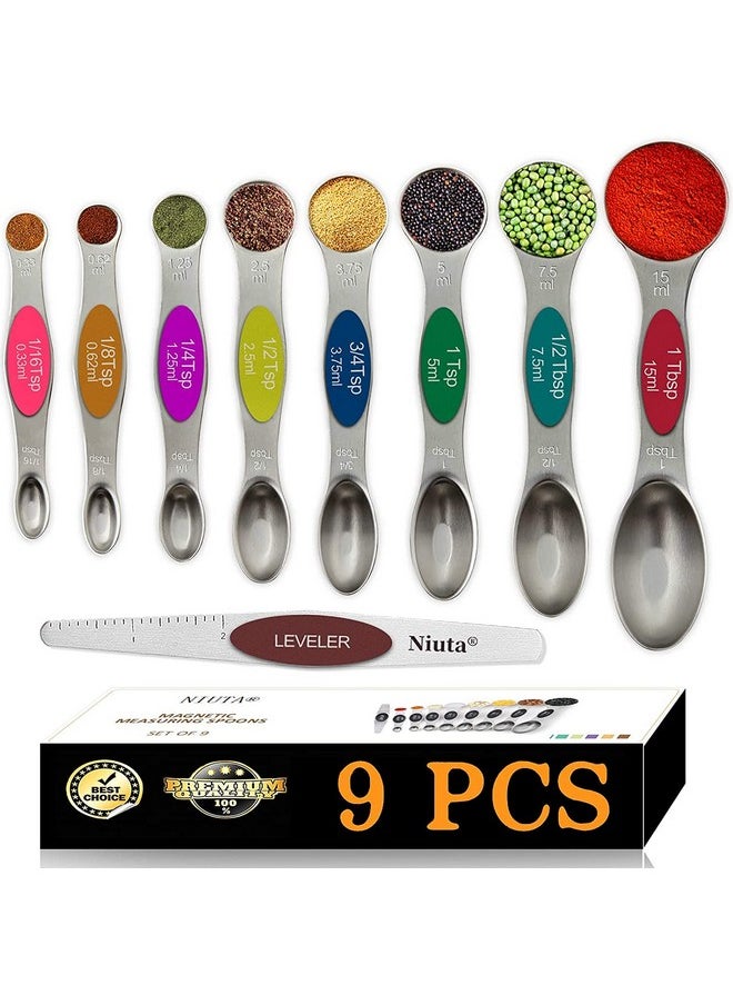 Magnetic Measuring Spoons Set, Stackable On Both Sides, Germany Stainless Steel, For Use In Spice Jars And Liquids, Set Of 9-Multicolour