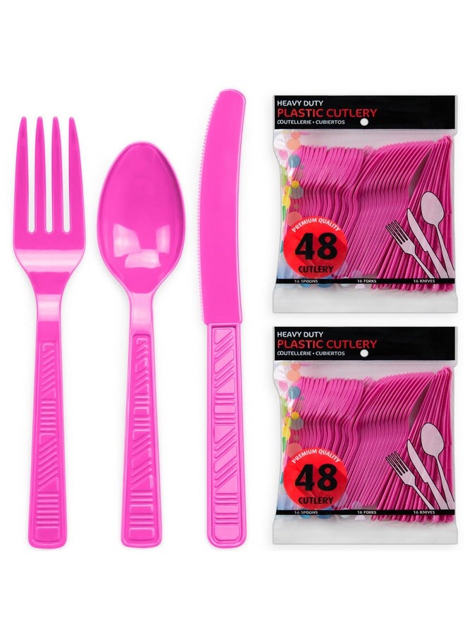 Plastic Cutlery Set, Fuschia Pink Plastic Silverware Sets For Parties, 96 Piece Bulk Heavy Duty Plastic Utensils Set (Fuschia Pink, 96 Pieces)