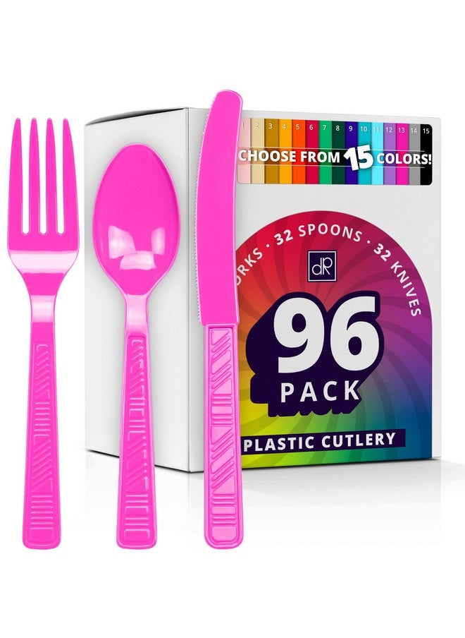 Plastic Cutlery Set, Fuschia Pink Plastic Silverware Sets For Parties, 96 Piece Bulk Heavy Duty Plastic Utensils Set (Fuschia Pink, 96 Pieces)