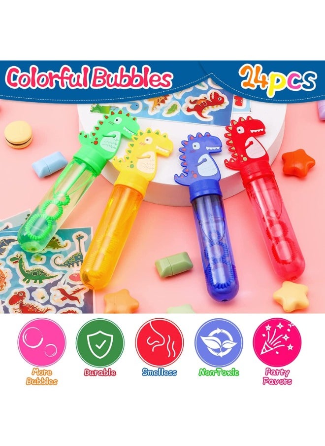 24Pcs Dinosaur Bubble Wands,Bubble Wand Bulk for Kid,Dino Bubbles Party Favors for Boys Girls,Assortment Color Bubbles Wands for Dino Themed Birthday Gift Outdoors Activity with 8 Dinosaur Stickers