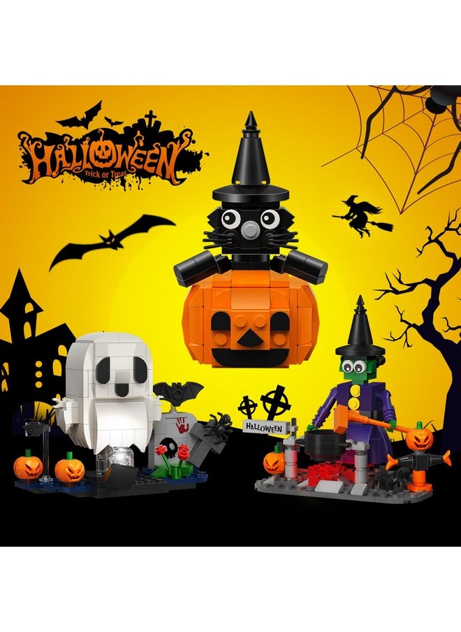 Halloween Ghosts Witch Cat Pumpkin Building Kit, Compatible With Lego Pumpkin, Cute Halloween Party Gift With Light For Kids Boys And Girls 6-12 Year Old(473 Pcs)