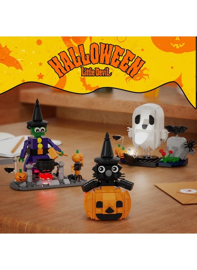 Halloween Ghosts Witch Cat Pumpkin Building Kit, Compatible With Lego Pumpkin, Cute Halloween Party Gift With Light For Kids Boys And Girls 6-12 Year Old(473 Pcs)