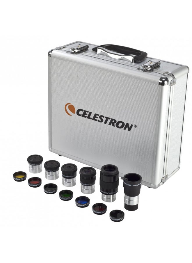 Celestron 1.25 Eyepiece and Filter Accessory Kit 14 Piece Telescope Accessory Set Plossl Telescope Eyepiece Barlow Lens Colored Filters Moon Filter Sturdy Metal Carry Case