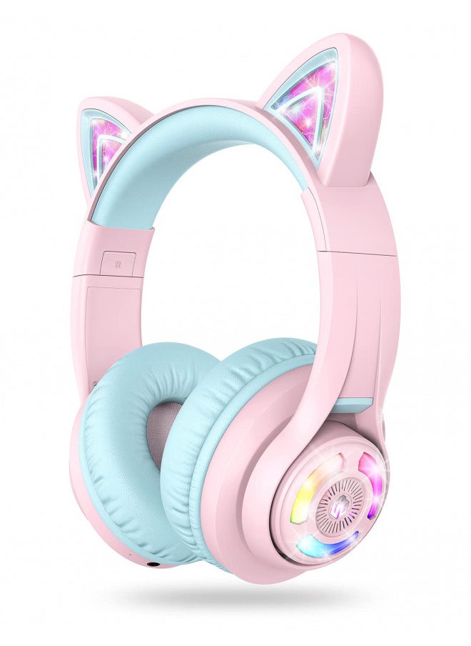 iClever Cat Ear Kids Bluetooth Headphones,LED Lights Up,74/85/94dB Volume Limited,50H Playtime,Bluetooth 5.2,AUX Cable,USB C,Kids Headphones Wireless Over Ear for Travel iPad Tablet, Meow Macaron-Pink
