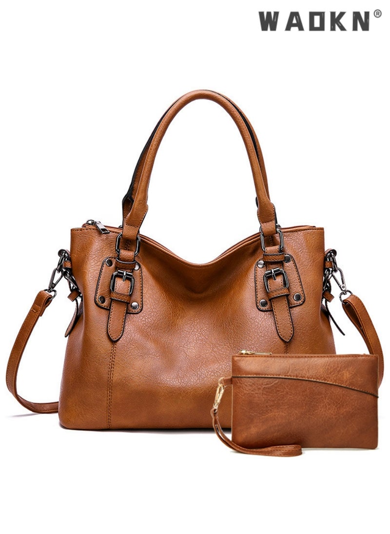Large Capacity Handbags Bags,Large Crossbody Bags Ladies Shoulder Handbags Purse Set for Women Hobo Totes PU Leather Purses and Handbags Shoulder Bag Vegan Leather Tote, Brown