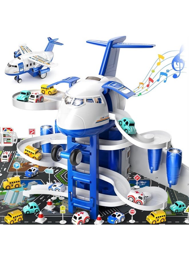 Kids Airplane Toys Race Track Car Toys For 3 4 5 6 7 Boys - Transport Plane Adventure Car Toys For Toddler Age 2-6 With 8 City Cars, Garage Parking Lot Playmat, Birthday Gift For Girls