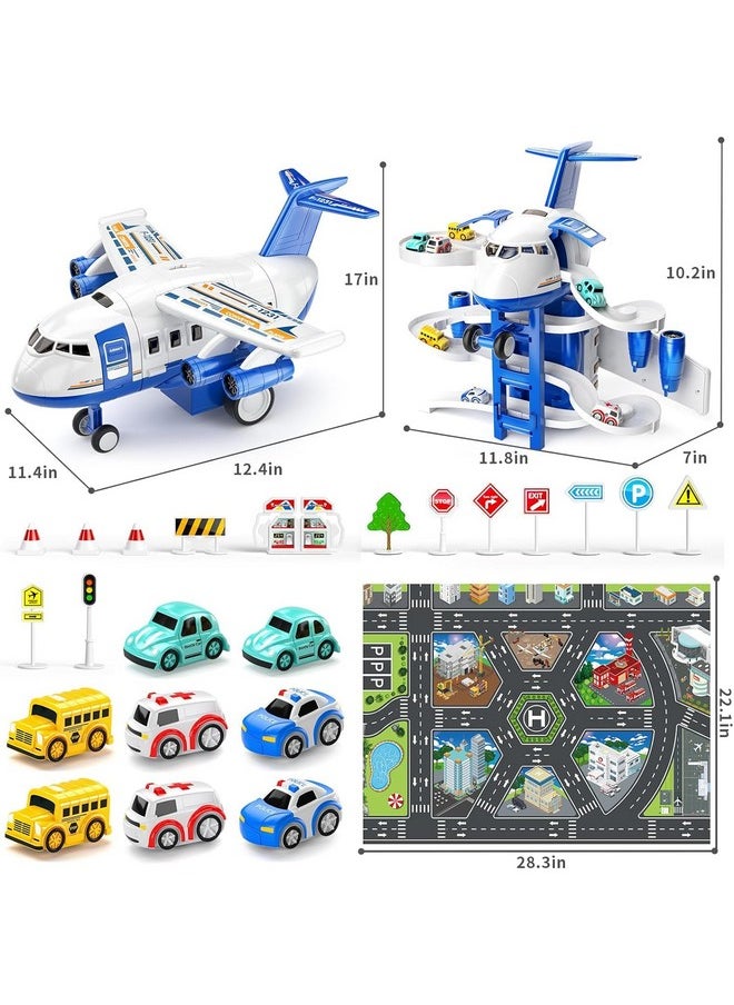 Kids Airplane Toys Race Track Car Toys For 3 4 5 6 7 Boys - Transport Plane Adventure Car Toys For Toddler Age 2-6 With 8 City Cars, Garage Parking Lot Playmat, Birthday Gift For Girls