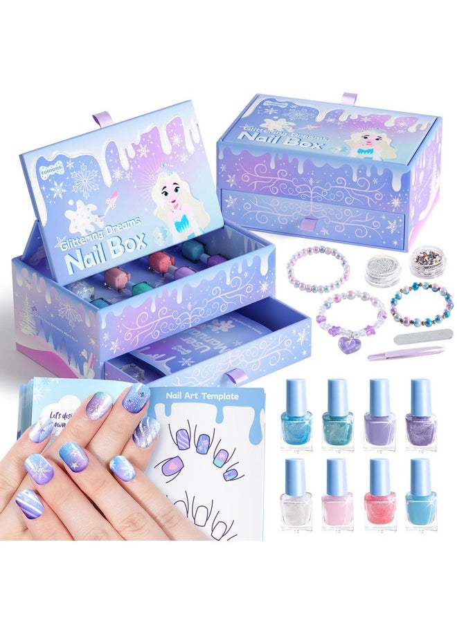 Kids Nail Polish Set For Girls, Non Toxic Nail Polish Art Kit For Kids Ages 7-12, Frozen Toys Gifts For 8 9 10 11 12 Girl, Bracelets, Glitter, Sequins, Stickers - 8 Colors