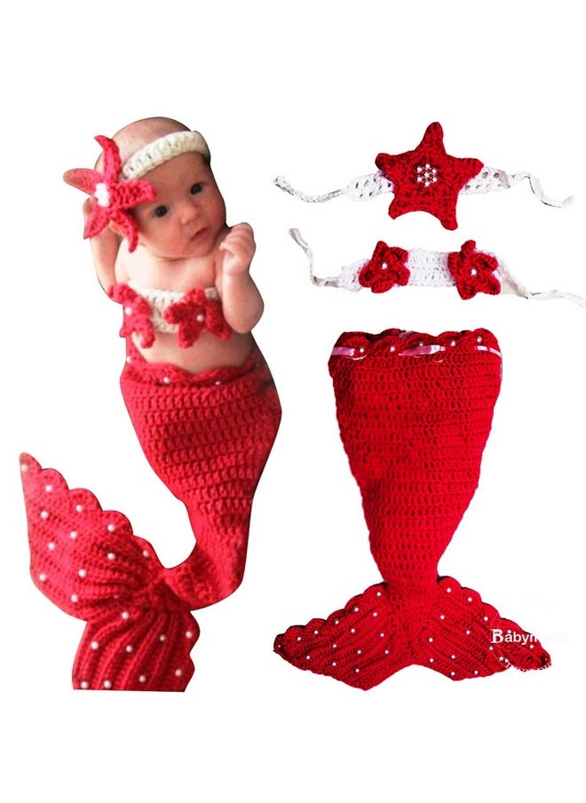 (Set Of 3 Crochet Mermaid New Born Baby Photography Shoot Props Costume (3-12 Months, Red)