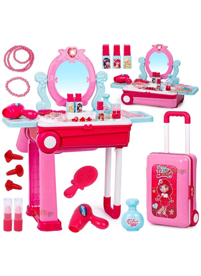 Beauty Makeup Kit For Doll Girls Cosmetic Set 2 In 1 Vanity Table Portable Trolley Pretend Play Set Toy With Make Up Accessories For Kids Plastic (Pink) 21 Pieces