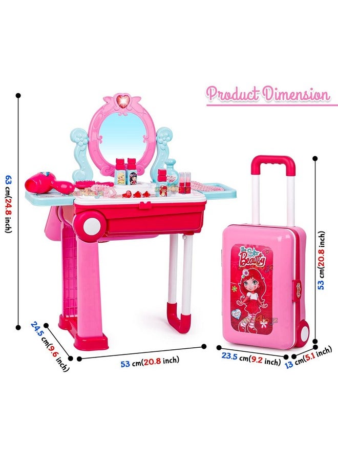 Beauty Makeup Kit For Doll Girls Cosmetic Set 2 In 1 Vanity Table Portable Trolley Pretend Play Set Toy With Make Up Accessories For Kids Plastic (Pink) 21 Pieces