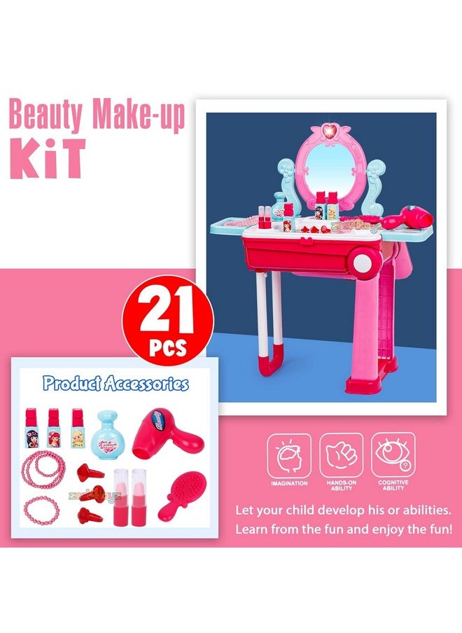 Beauty Makeup Kit For Doll Girls Cosmetic Set 2 In 1 Vanity Table Portable Trolley Pretend Play Set Toy With Make Up Accessories For Kids Plastic (Pink) 21 Pieces