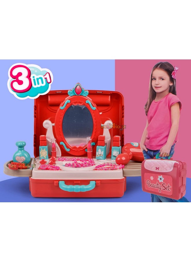 Beauty Set For Kids Girls 3 In 1 Learning Educational Make Up Suitcase Kit With Makeup Accessories Pretend Play Set Portable Suitcase Toy Gift For Girls - Pink
