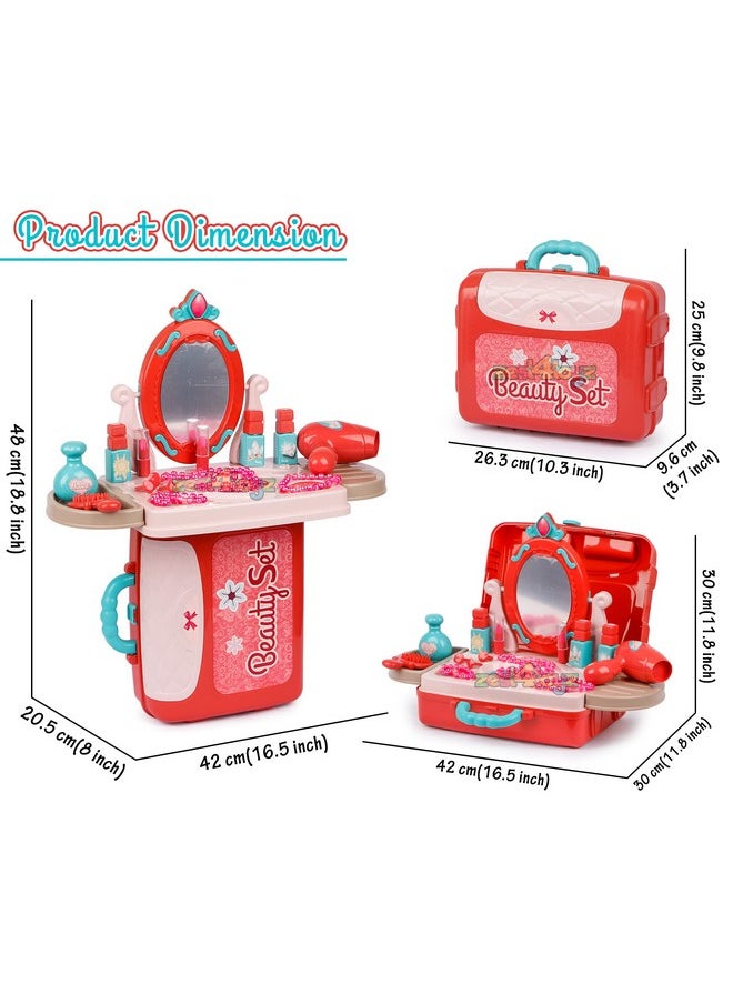 Beauty Set For Kids Girls 3 In 1 Learning Educational Make Up Suitcase Kit With Makeup Accessories Pretend Play Set Portable Suitcase Toy Gift For Girls - Pink