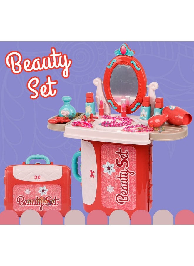 Beauty Set For Kids Girls 3 In 1 Learning Educational Make Up Suitcase Kit With Makeup Accessories Pretend Play Set Portable Suitcase Toy Gift For Girls - Pink