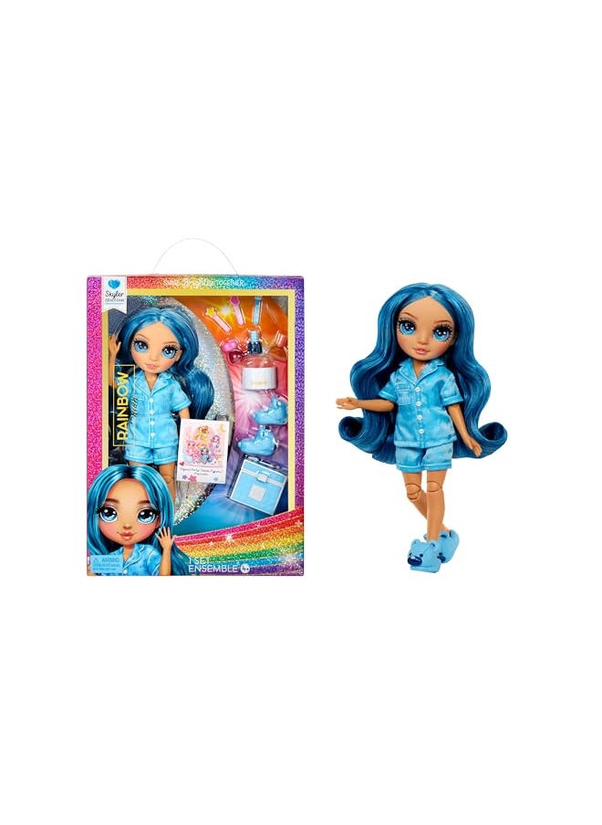 Rainbow High Jr High PJ Party-Skyler (Blue) 9 Posable Doll with Soft Onesie, Slippers, Play Accessories, Kids Toy Ages 4-12 Years