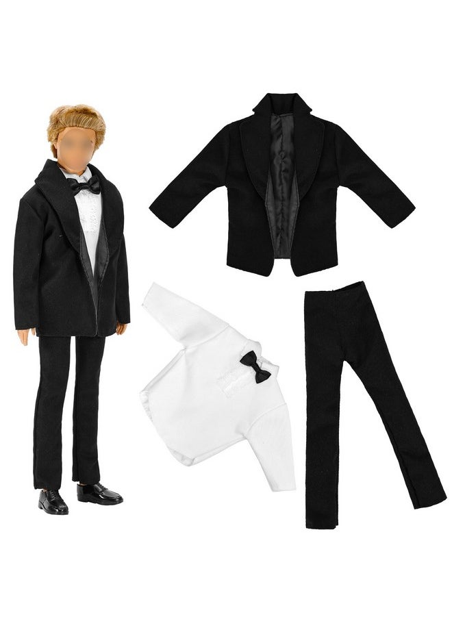 3Pc Doll Clothes Black Tuxedo Suit With Tie White Shirt, Pants And Jacket For 12 Inch Boy Doll