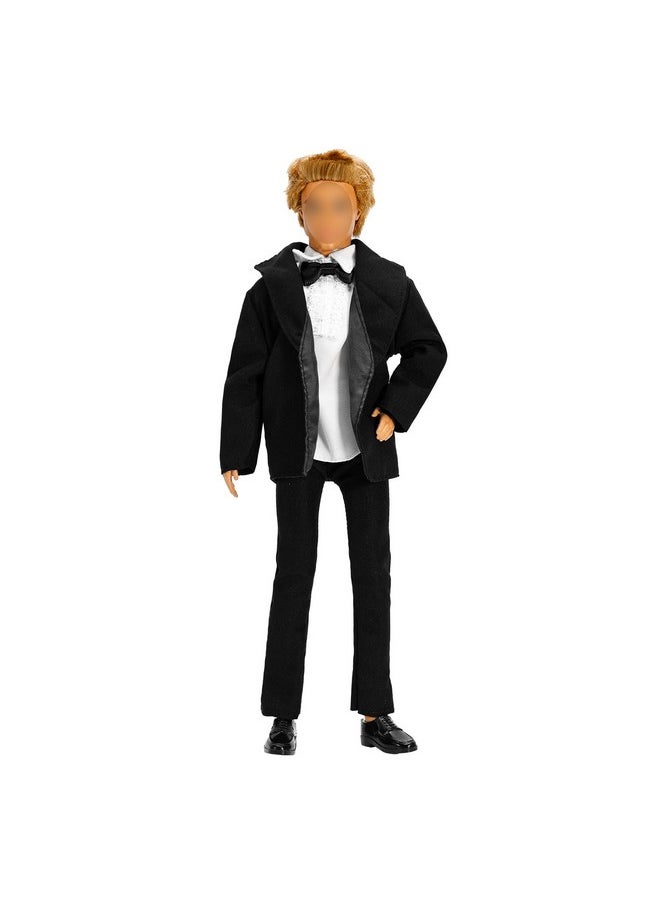 3Pc Doll Clothes Black Tuxedo Suit With Tie White Shirt, Pants And Jacket For 12 Inch Boy Doll