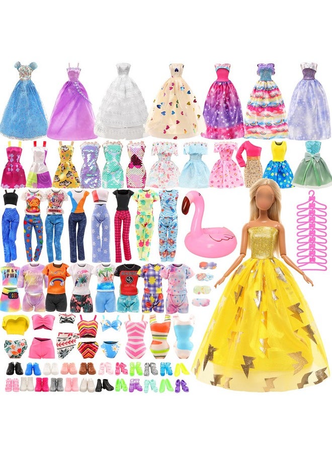 41 Pack Doll Clothes And Accessories 15 Sets Doll Clothes 3 Wedding Long Dresses 3 Fashion Dresses 4 Tops Pants 2 Bikini Swimsuits 1 Pool Floaties 15 Shoes 10 Hangers For 11.5 Inch Doll