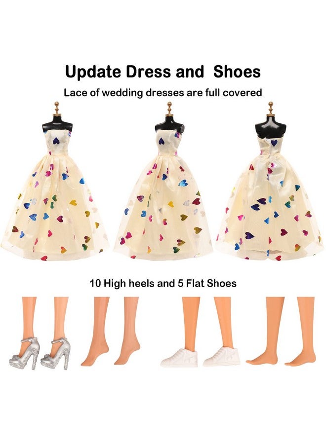 41 Pack Doll Clothes And Accessories 15 Sets Doll Clothes 3 Wedding Long Dresses 3 Fashion Dresses 4 Tops Pants 2 Bikini Swimsuits 1 Pool Floaties 15 Shoes 10 Hangers For 11.5 Inch Doll