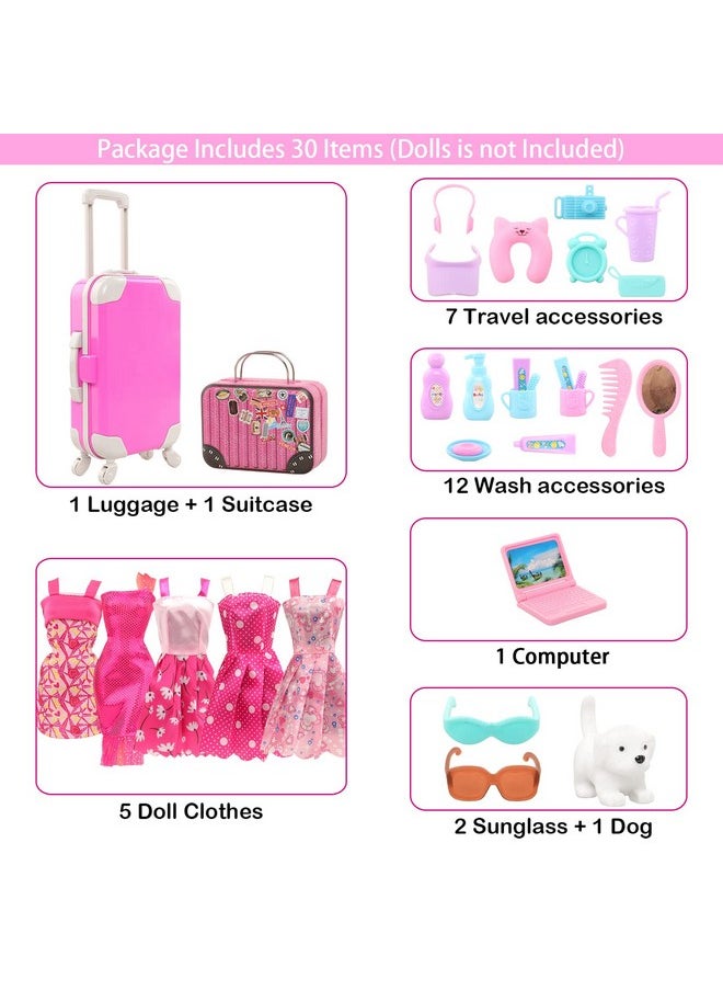32 Pcs Doll Suitcase Luggage Travel Clothes And Accessories For 11.5 Inch Girl Doll Travel Carrier Storage, Including 1 Luggage 1 Suitcase 23 Travel Toiletries 5 Dresses 1 Puppy 1 Computer…