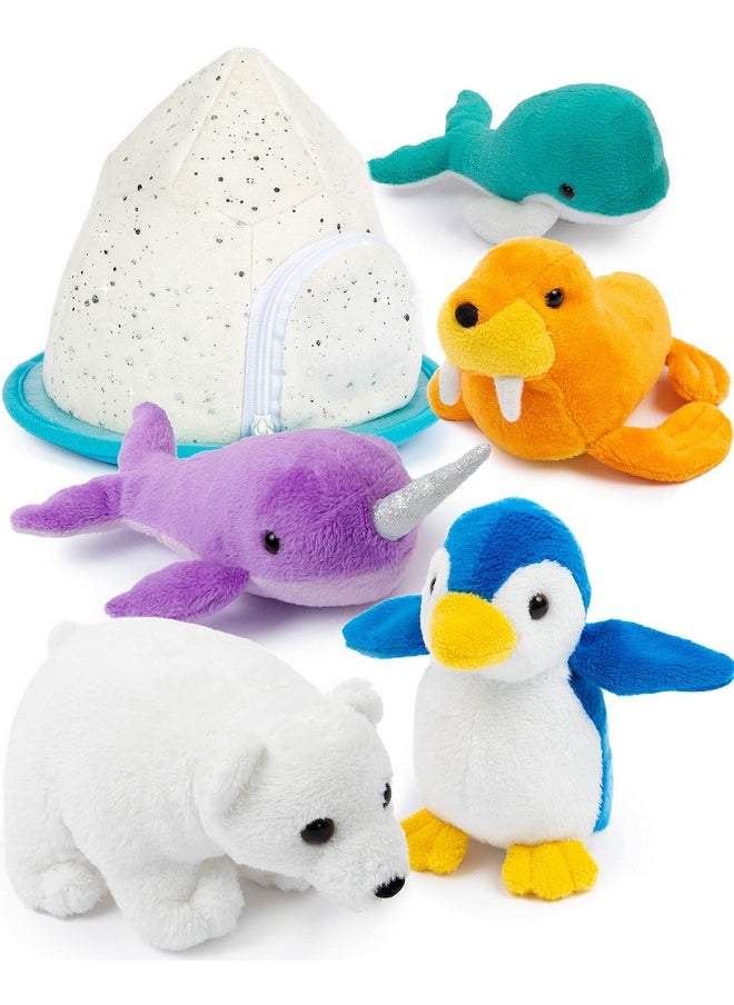 Stuffed Animal With Babies Inside - Five Small Plush Christmas Stuffed Animal House - Penguin Toy, Polar Bear Plush, Whale, Narwhal, Walrus, Toy Igloo - Artic Stuffed Animals For Girls/Boys