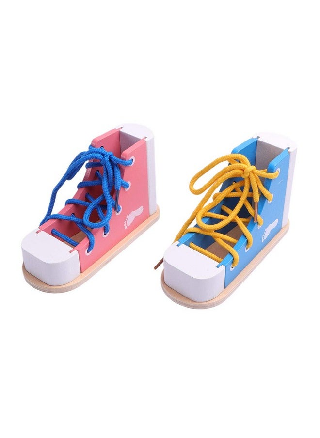 2Pcs Wood Lacing Sneaker Learn To Tie Shoes Tie-Up Shoe Threading Toy Montessori Educational Toys (Blue + Pink)