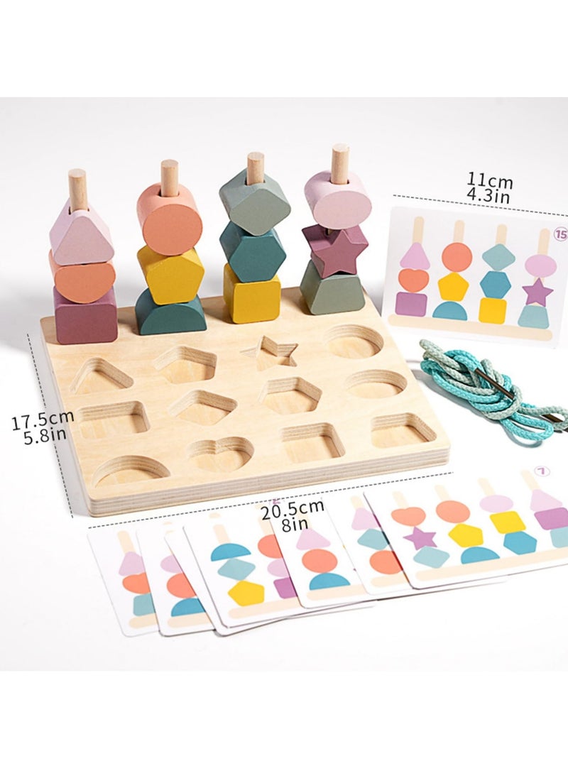 3 in 1 Wooden Color Sorting Stacking Toys, Montessori Wooden Beads Sequencing Toy Set, Montessori Stem Fine Motor Skills for Toddlers, Preschool Learning Montessori Toys Gifts for Kids