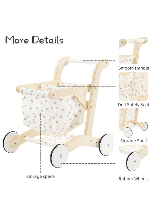 Baby Push Walker Doll Stroller, Push Toy For Toddler, Shopping Cart For Girls And Boys 1 Years Old, Kids Stand Learning Walker, Wooden Play Wagon With Wheel, Larger Size 15.2 * 18.7 * 19.7