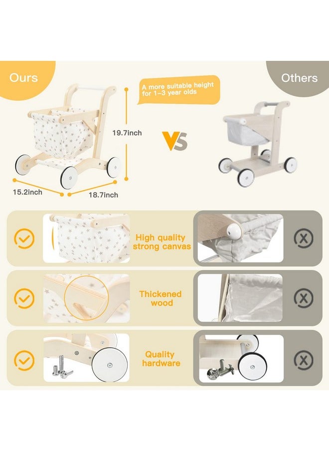 Baby Push Walker Doll Stroller, Push Toy For Toddler, Shopping Cart For Girls And Boys 1 Years Old, Kids Stand Learning Walker, Wooden Play Wagon With Wheel, Larger Size 15.2 * 18.7 * 19.7