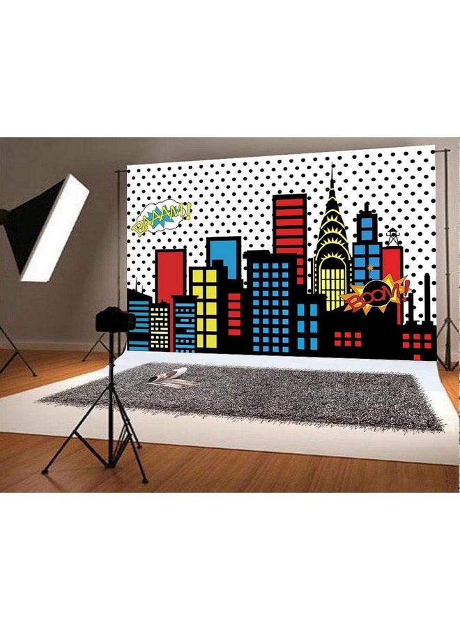 Art Studio 7X5Ft Superhero Super City Photography Backdrops Skyline Buildings City Boom Photo Background Children Birthday Party Banner Photo Studio Booth Cake Table Decor Vinyl