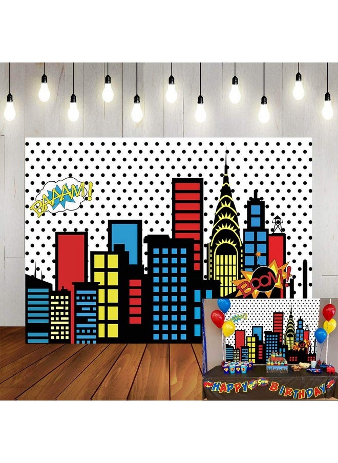 Art Studio 7X5Ft Superhero Super City Photography Backdrops Skyline Buildings City Boom Photo Background Children Birthday Party Banner Photo Studio Booth Cake Table Decor Vinyl