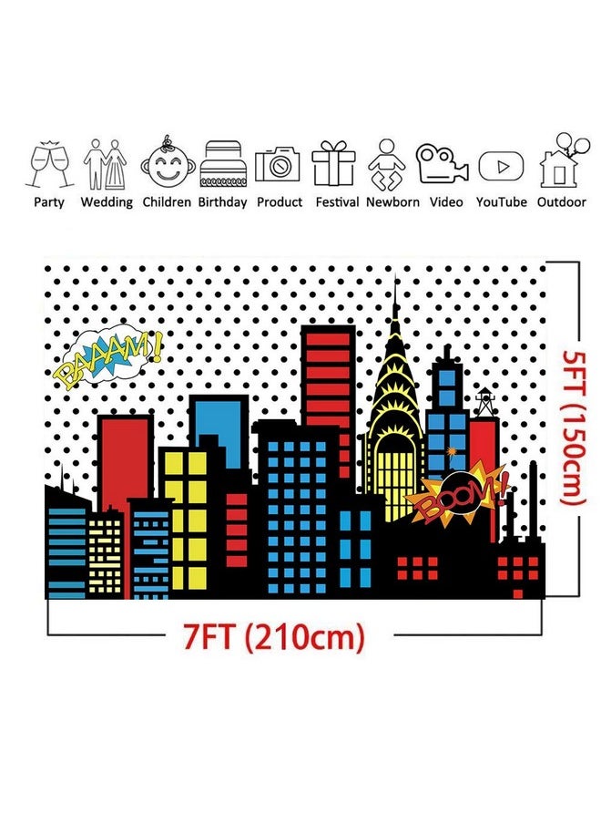 Art Studio 7X5Ft Superhero Super City Photography Backdrops Skyline Buildings City Boom Photo Background Children Birthday Party Banner Photo Studio Booth Cake Table Decor Vinyl