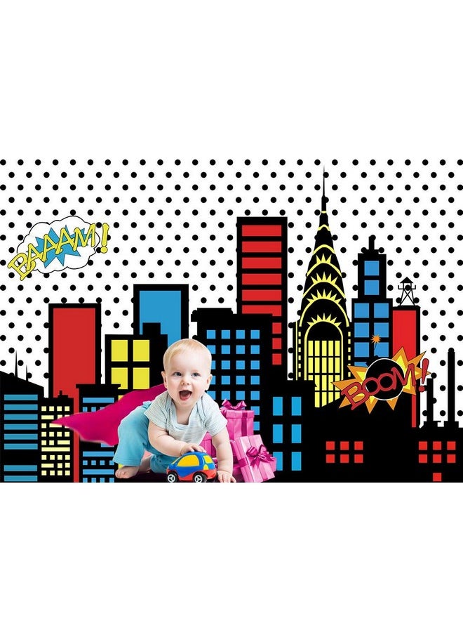 Art Studio 7X5Ft Superhero Super City Photography Backdrops Skyline Buildings City Boom Photo Background Children Birthday Party Banner Photo Studio Booth Cake Table Decor Vinyl