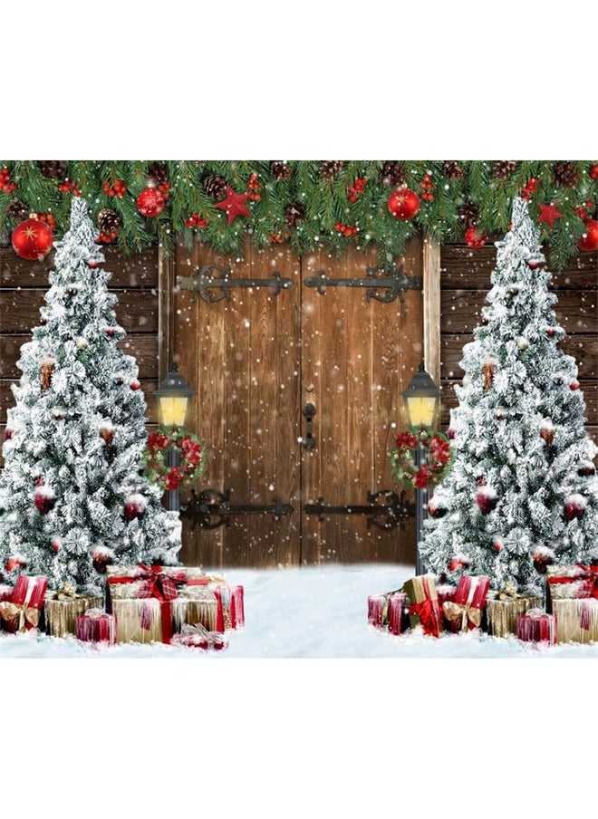 10X8Ft Vinyl Christmas Tree Photography Backdrop Vintage Barn Door Red Ball Xmas Gifts Background Winter Christmas Backdrop Baby Shower Birthday Party Holiday Decor Photo Studio Props