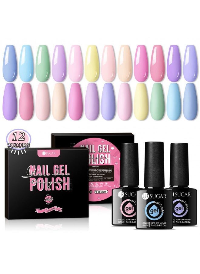 UR SUGAR Pastel Gel Nail Polish, 12 Colors Easter Spring Summer Gel Polish Set Pastel Light Color Pink Purple Yellow Green Blue Macaroon Candy Colors Soak Off Gel Polish Easter Gifts for Women Girls