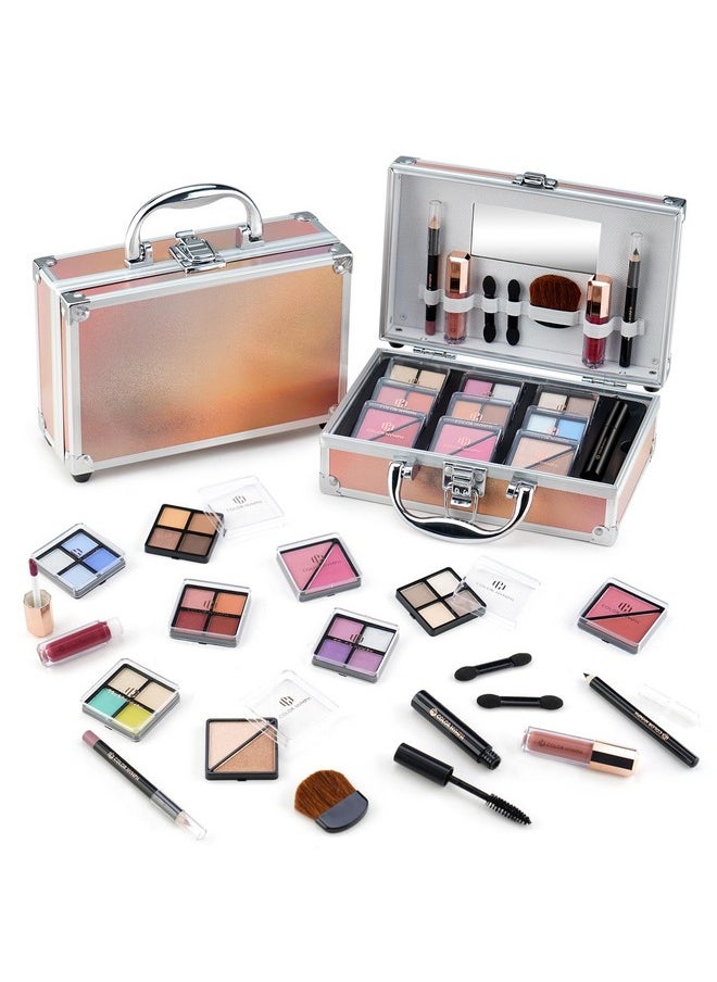 Beginner Makeup Kits For Teens With Train Case Included Full Makeup Kit Eyeshadow Palette Blushes Bronzer Highlighter Lipstick Brushes Mirror（Gold）