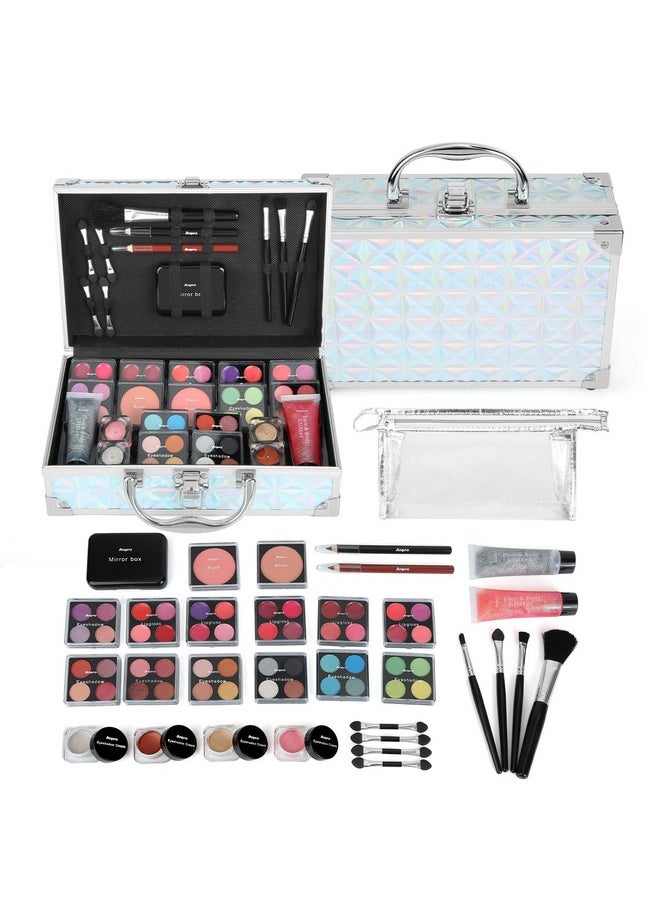 All-In-One Makeup Carry Case With Pro Teen Makeup Set, Full Starter Cosmetics Kit With Makeup Brushes, Lipsticks, Eye Shadows Palette, Blushes, Glitter Gel