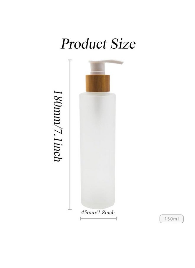 1Pcs 150Ml/5Oz Empty Refillable Frosted Glass Pump Bottles Container Holder Vials Pot Storage With Bamboo Screw Pump Head For Bath Shower Shampoo Hair-Conditioner Cleanser Makeup Liquids (White)