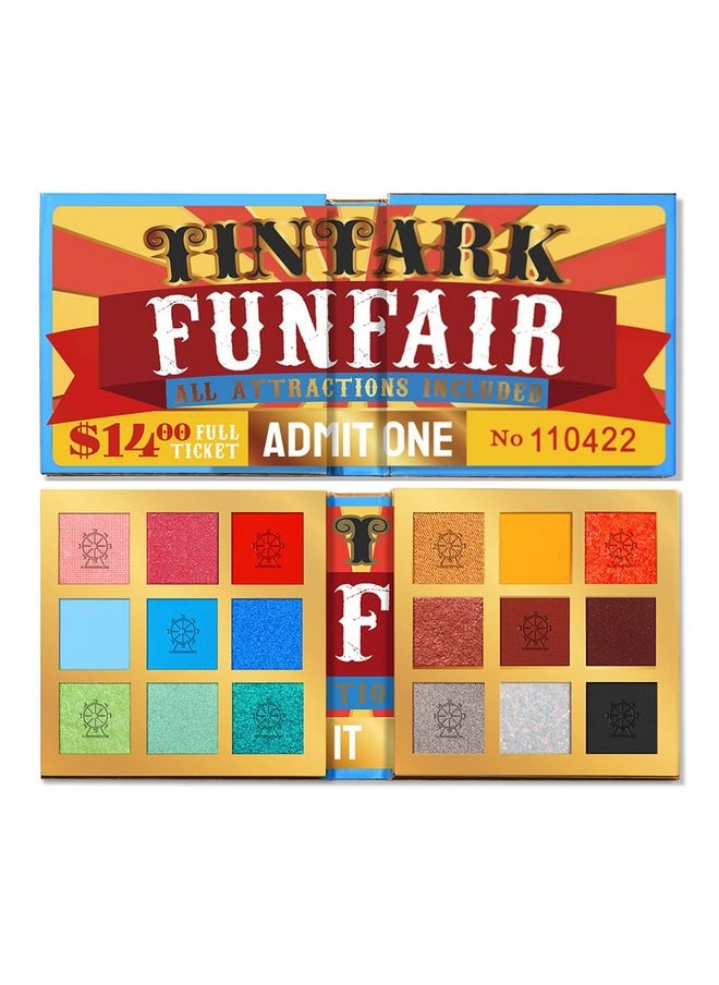 18 Color Funfair Eyeshadow Palette, Carnival Party Eyeshadows, Gold Slivery Black White Yellow Orange Brown Bronzer Red Blue Purple Green Eye Shadow Palettes, Glitter Matte Shimmer